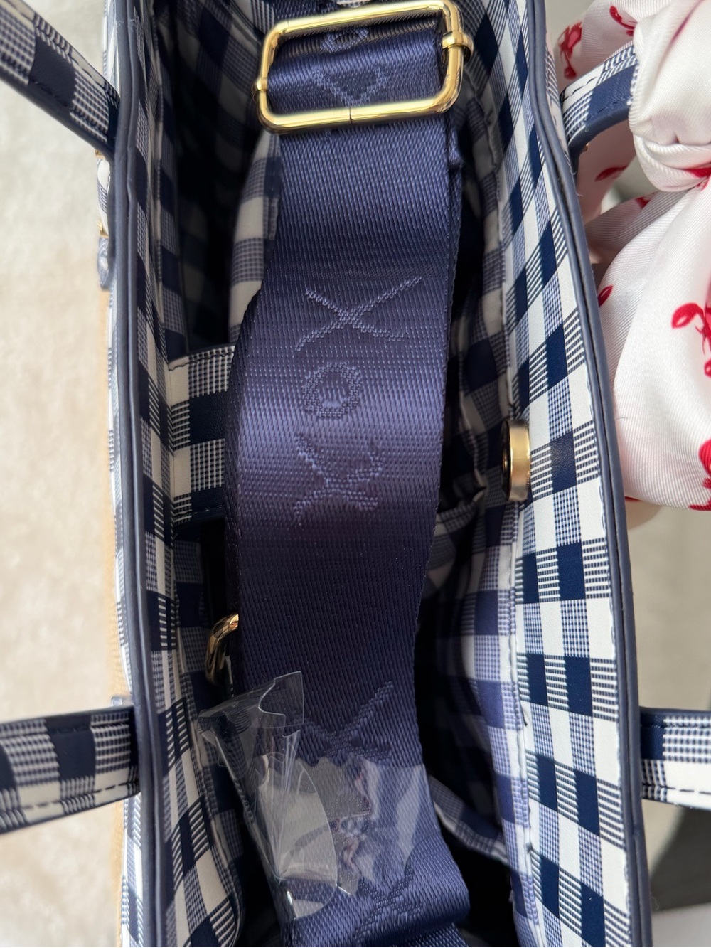 Betsey Johnson Navy blue Gingham quilted heart Straw Tote lobster scarf - Picture 8 of 11